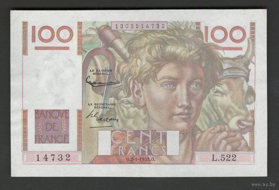 Франция 100 франков 1953 года. Тип P-128. Состояние аUNC!
