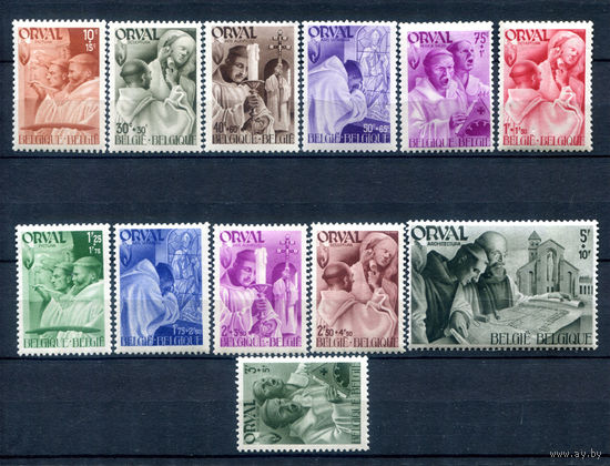 Бельгия - 1941г. - Аббатство Орваль - 12 марок - полная серия, MLH, с отпечатками на клее, 2 марки с слегка потрескавшимся клеем [Mi 553-564]. #2-Be-36-B-2