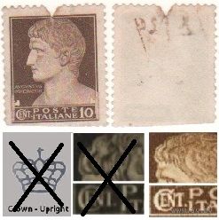 Италия 1945.04._ (Mi)301X (вариант (Sg)IT624 марка из сер.Императорская серия - 10с Император Август (63 г. до н. э. - 14 г. н. э.) с фасциями (г) без ВЗ (a1-23 ТОРГ