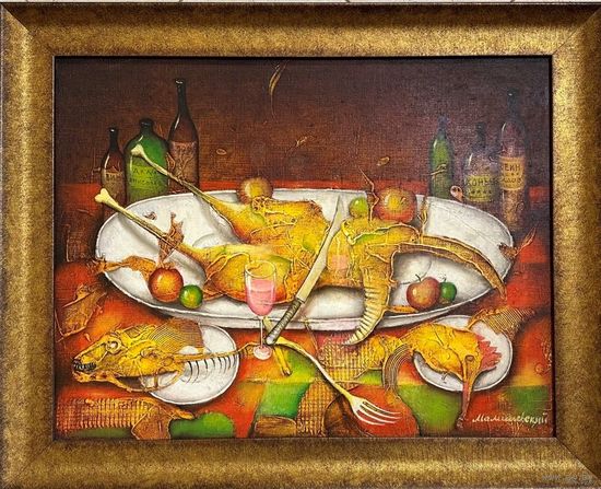 76/61см;Малишевский С.А "Праздничный ужин" или "Натюрморт с уткой",2013г. Холст, масло. Размер 76х61 см. с рамой, без 50х65 см.