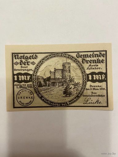 Нотгельд 1 марка 1921 год. Дренке. Веймарская республика - 2201