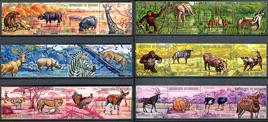 Бурунди - 1971г. - африканские животные - 24 марки - 6 сцепок - полная серия, MNH, 1 сцепка с полосой на клее, у каждой сцепки есть по одному сгибу по перфорации [Mi 726-749]. #3-Bu-Z-1-24