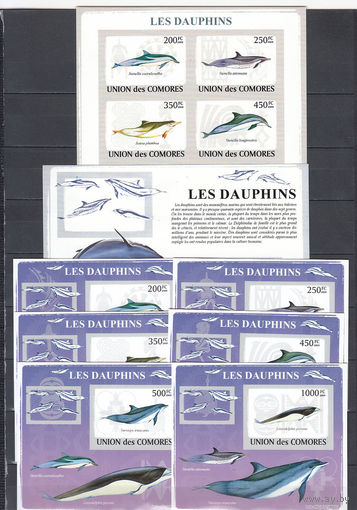 Фауна. Дельфины. Коморы. 2008. 1 малый лист и 7 блоков б/з. Michel N 2198-2203, бл486 (- е)