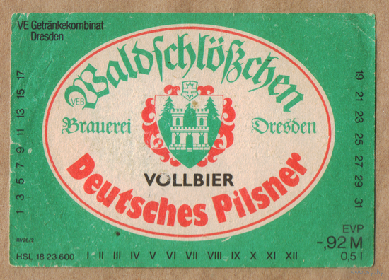 Этикетка пива Deutsches pilsner Германия Ф628