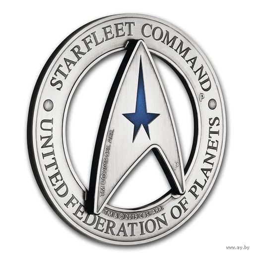 Тувалу 3 доллара 2019г. "STAR TREK. Командная эмблема Звездного Флота". Монета в магнитном акриловом футляре; номерной сертификат; коробка. СЕРЕБРО 93,695гр.(3 oz).