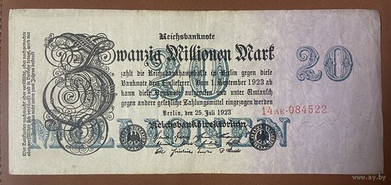 Банкнота 20 миллионов марок 1923 год. Веймарская республика