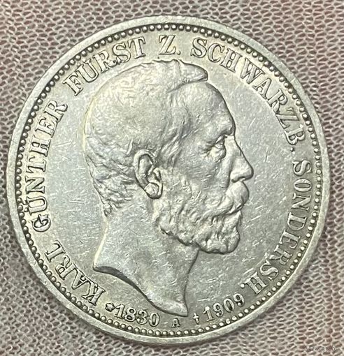 Монета 3 марки 1909 год. Шварцбург-Зондерсгаузен, Смерть Карла Гюнтера. Редкая!!! Тираж 70000.