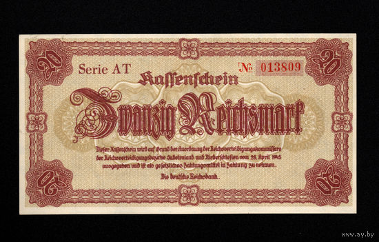 Германия 20 рейхсмарок. Судеты и Нижняя Силезия 1945 год. UNC.