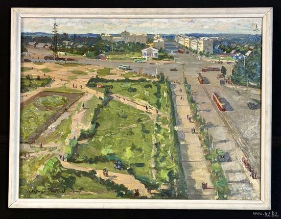 Корженевский А.С "Витебск.Площадь Черняховского", 1965г. Картон, масло. Размер с рамой 54х70 см.