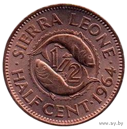 РЕСПУБЛИКА СЬЕРРА- ЛЕОНЕ 1/2 ЦЕНТА  1964. ФАУНА. UNC. РЫБЫ