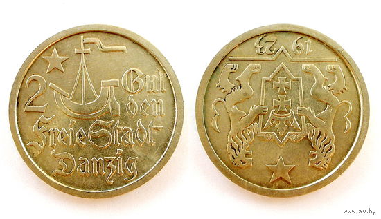 Монета 2 Гульдена. 1923г. Данциг, серебро. Превосходная