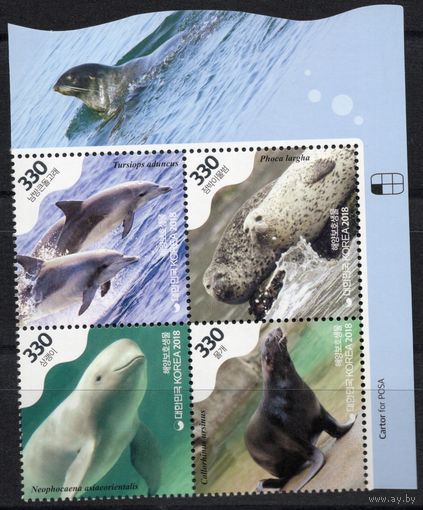 Южная Корея 2018. Фауна Моря. Морская свинья. Дельфин. Морской котик. Нерпа. 4 марки с полем Mi 3333-36
