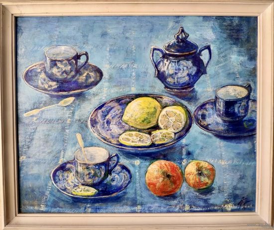 Грибова А.В "Синий натюрморт", 1999 г. ДВП, темпера. 45/55 см.