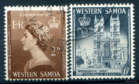 Британские колонии - Западное Самоа - 1953г. - коронация королевы Елизаветы II - 2 марки - полная серия, гашёные [Mi 107-108]. #2-Bc-64-A-1