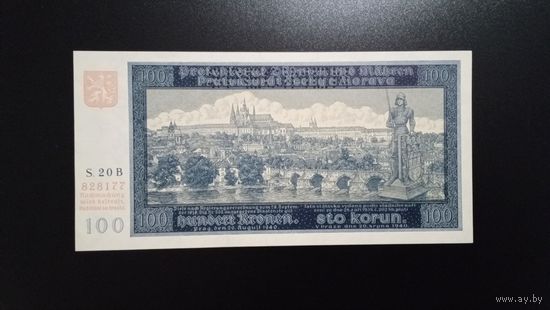 100 крон 1940 год. Протекторат Богемия и Моравия. Перфорация Specimen. UNC.