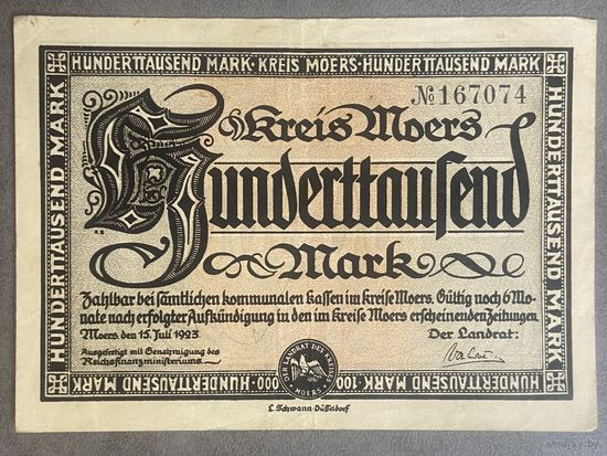 Банкнота 100000 марок 1923 год. Крайс-Мерс Веймарская республика.