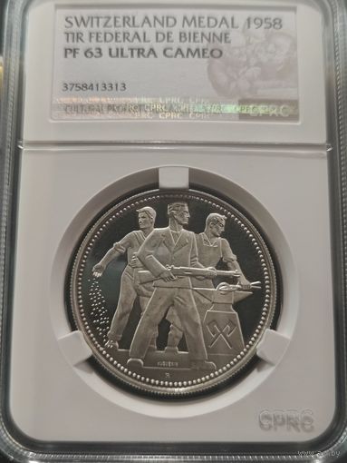Швейцария. Стрелковая медаль 1958г. Слаб CPRC PR63 CAMEO. Наивысший грейд от хорошей российской грейдинговой компании.