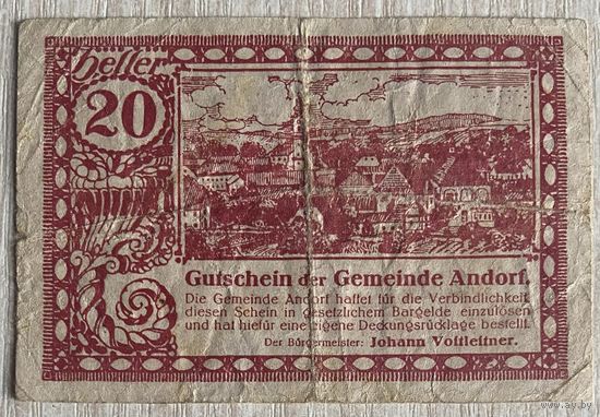Нотгельд Австрия Андорф, 20 геллеров 1920 год.