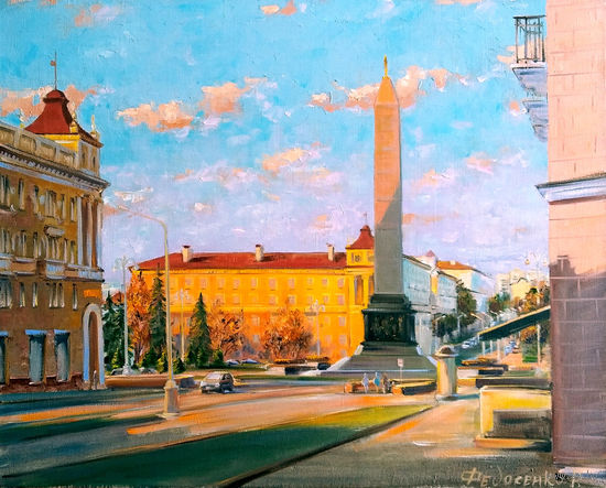 Городской пейзаж маслом "Минск, Площадь Победы"