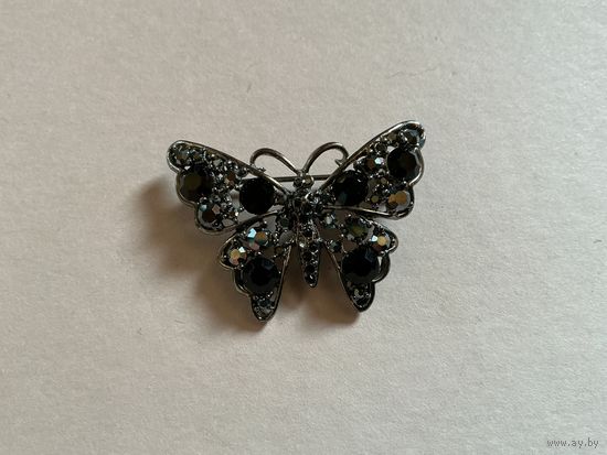 Брошь Бабочка Черные стразы Чернение Германия винтаж