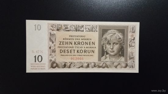 10 крон 1942 год. Протекторат Богемия и Моравия. Перфорация Specimen. UNC.