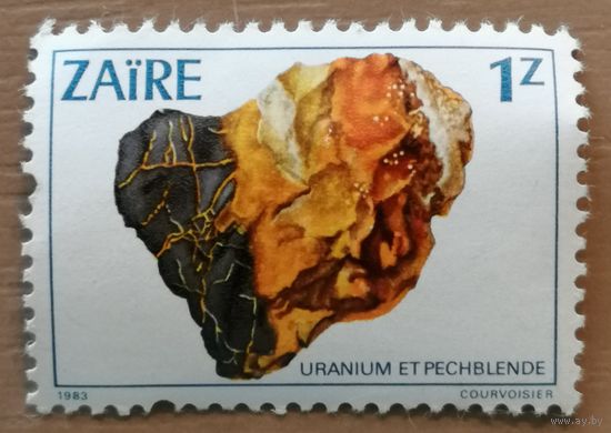 Марка Заир, Конго, серия - минералы, уранит, 1983 г