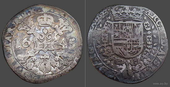 Нидерланды Испанские, 1/4 патагона 1645 г., м.д. Антверпен, провинция Брабант/ Brabant, Ag 875/ 7,03 г, сост. VF, Филипп IV