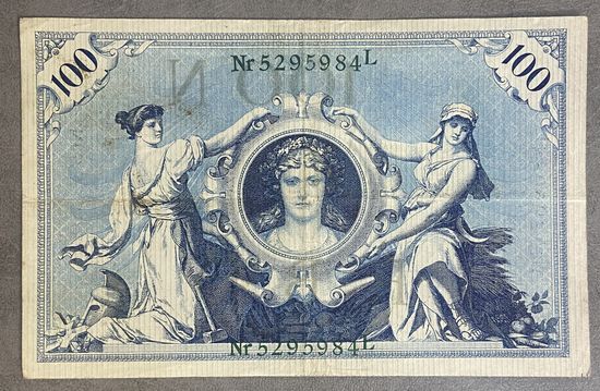Банкнота 100 марок 1908 год. Германская империя. Зеленая  печать.