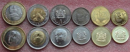 Марокко. набор 6 монет 10, 20 сантимов 1/2, 1, 5, 10 дирхамов 2023 год