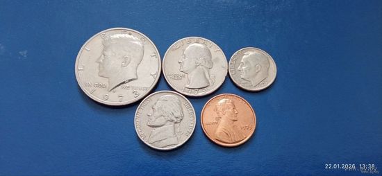 Сборка 50,25,10,5 и 1 центы 1973 год  США (Состояние на фото,редкий год)