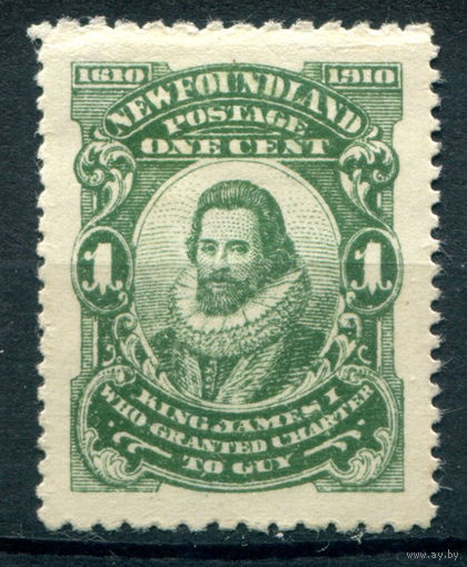 Британские колонии - Ньюфаундленд - 1910г. - король Джеймс I, картина, 300 лет первой британской колонии - Ньюфаундленд, перфорация 12:14, 1 с - 1 марка - MH [Mi 68]. #3-WB-92-A-1
