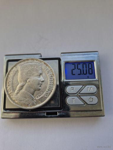 5 лат 1929 года. Латвия, Первая Республика (1922 - 1940). Серебро 835. Монета не чищена. S45470.