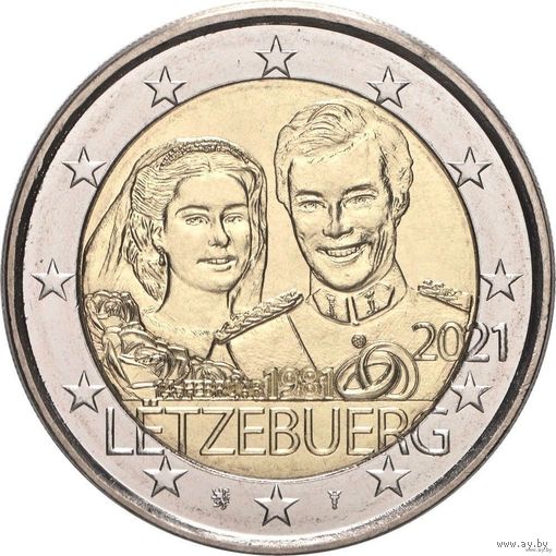 2 евро 2021 Люксембург 40 лет бракосочетанию Великого Герцога UNC из ролла