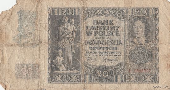 Польша (оккупация Германией) 20 злотых 1940 год - Графиня Эмилия Плятер. Замок Вавель