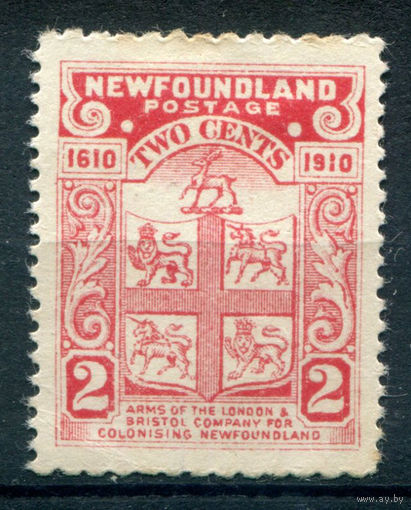 Британские колонии - Ньюфаундленд - 1910г. - герб, 300 лет первой британской колонии - Ньюфаундленд, перфорация 12:14, 2 с - 1 марка - чистая, без клея, с пятнышками по перфорации [Mi 69]. #3-WB-92-A-1