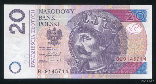 Польша 20 злотых 2016 г. P184b. Серия BL. UNC