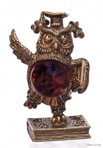 Статуэтка миниатюра Ученая Сова Латунь/Янтарь