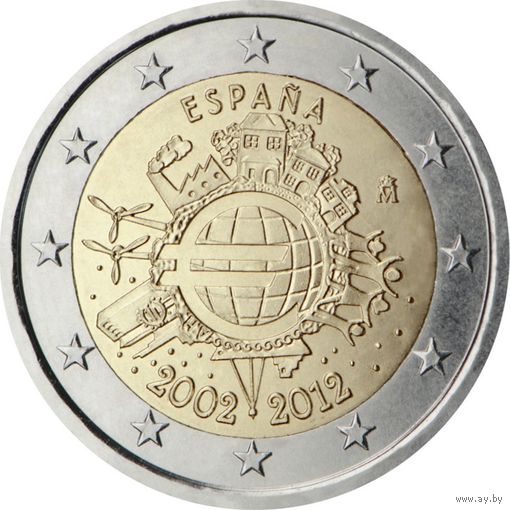 2 евро Испания 2012 10 лет наличному обращению евро UNC из ролла