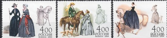 Россия 2004. Дамская верховая езда. Кони. 3 марки 955-57