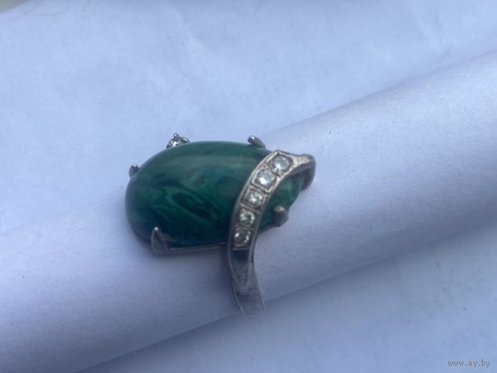 Кольцо СССР 925 трезуб  6хБ  Малахит и фионитики