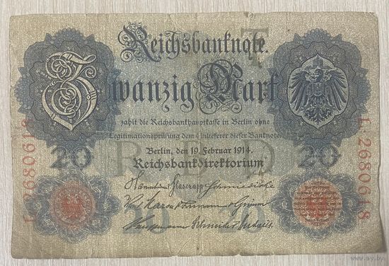 Банкнота 20 марок 1914 год. Германская империя. С рубля без МЦ.