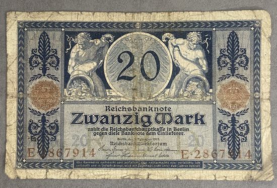 Банкнота 20 марок 1915 год. Германская империя.