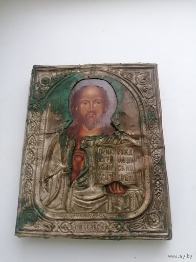 Икона Вседержитель, дерево, письмо, оклад латунь, посеребрение, торги с Рубля