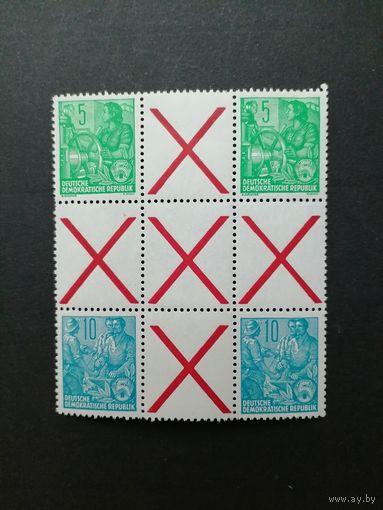 ГДР 1955 Сцепка квадратная в виде креста из марок стандарта "Пятилетка" (чистая**) Mi.406x+Z+406х+Z+Z+Z+453x+Z+453х