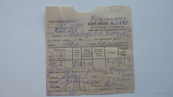 - 1949 г. Квитанция на поставку государству картофеля