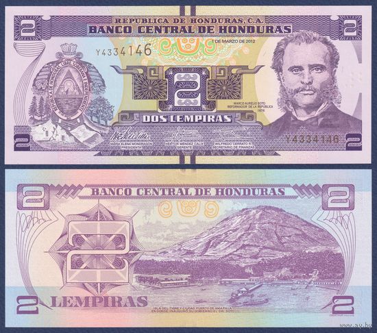 Гондурас, 2 лемпира 2012 г, P-97a (Y, президент Марко Аурелио Сото, остров-вулкан Тигре), UNC