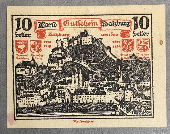 Нотгельды Австрия Зальцбург, 10 геллеров 1920 год