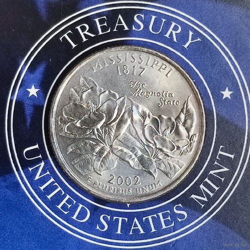 США 25 центов 2002г. (P). Квотер штата Миссисипи.
