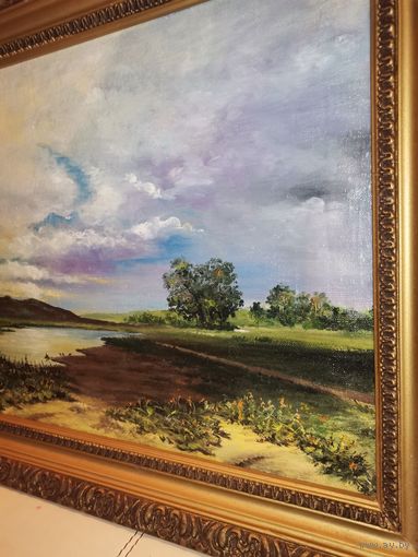 Картина "Мокрый луг", маслом на холсте, размер с рамой 70*50 см.