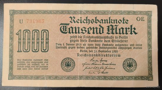 1000 марок Веймарская республика 1922 г.